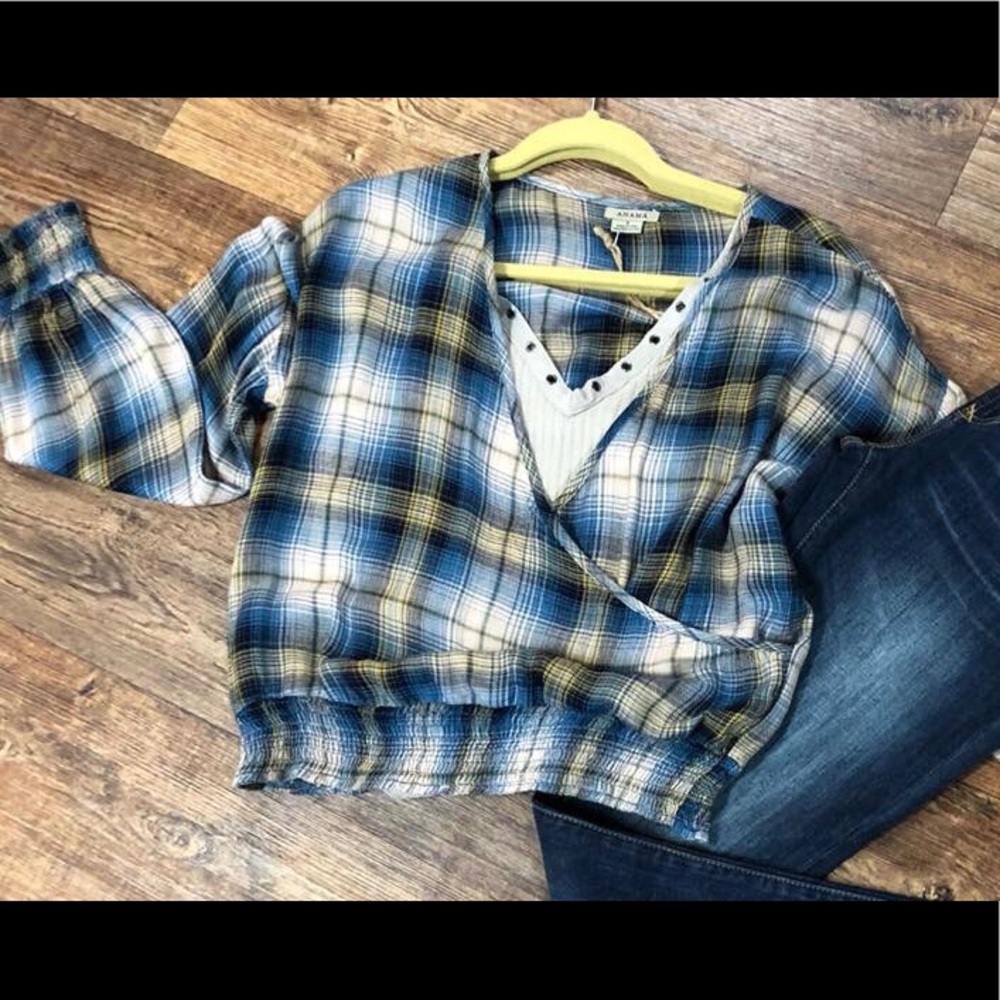 Navy/teal plaid blouse